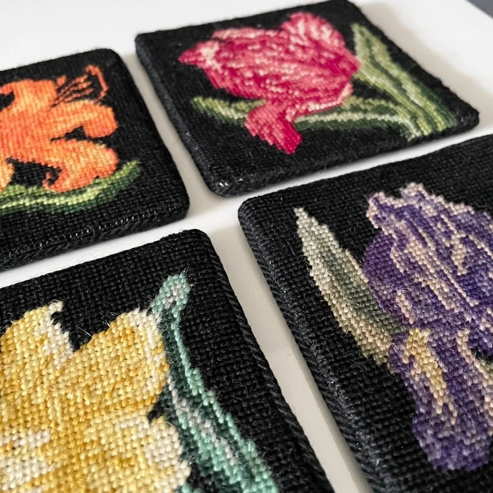 SET of 12 Floral Needlepoint Coasters